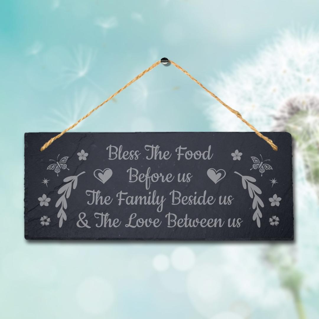 Bless Food Family And Love Laser Engraved Hanging Slate Kitchen Home Plaque Sign