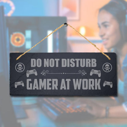 Do Not Disturb Gamer At Work Laser Engraved Hanging Slate Door Home Plaque Sign