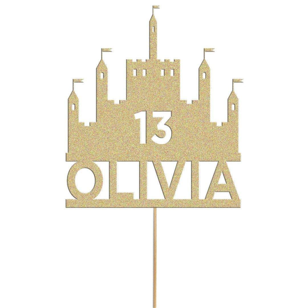 Personalised Glitter Princess Castle Cake Topper: Custom Name & Age