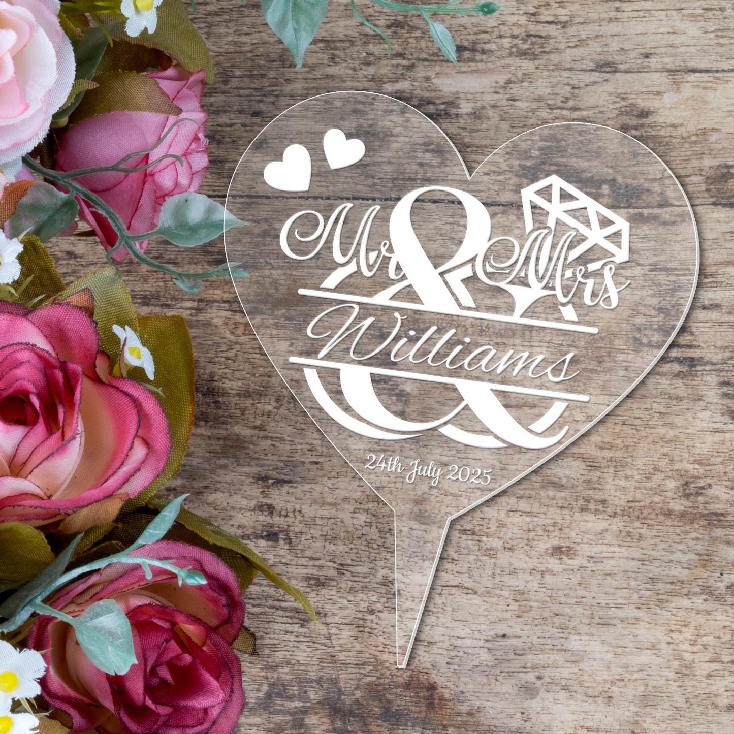 Personalised Heart Wedding Cake Topper Mr & Mrs Engraved Acrylic Decoration Gift