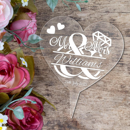 Personalised Heart Wedding Cake Topper Mr & Mrs Engraved Acrylic Decoration Gift