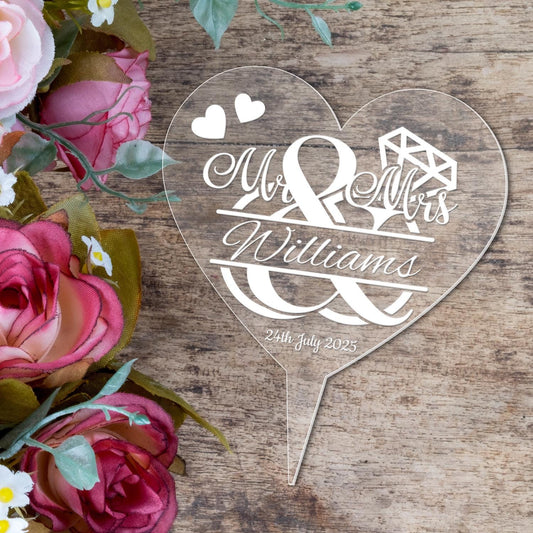 Personalised Heart Wedding Cake Topper Mr & Mrs Engraved Acrylic Decoration Gift