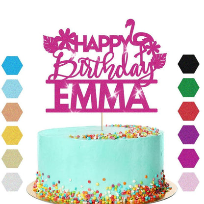 Personalised Flamingo Glitter Happy Birthday Cake Topper Party Cake Decoration