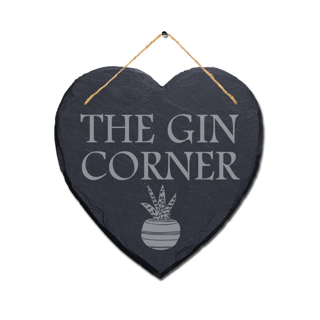The Gin Corner Garden Laser Engraved Hanging Heart Shape Slate Rum Plaque Sign