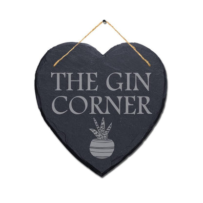 The Gin Corner Garden Laser Engraved Hanging Heart Shape Slate Rum Plaque Sign
