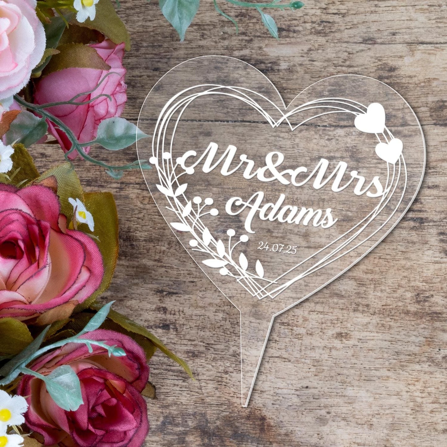 Personalised Name Heart Wedding Cake Topper Mr & Mrs Engraved Acrylic Decoration