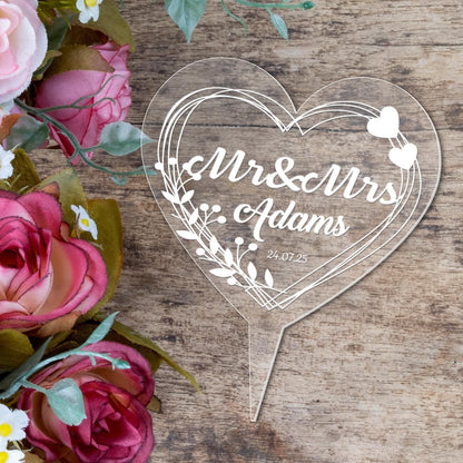 Personalised Name Heart Wedding Cake Topper Mr & Mrs Engraved Acrylic Decoration