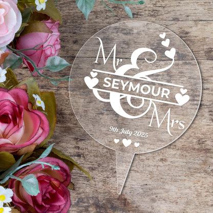 Personalised Wedding Cake Topper Engraved Acrylic Circle Mr & Mrs Decoration