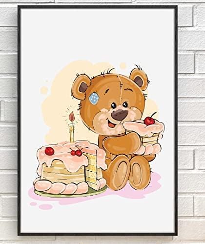 Cute Teddy Bear Birthday V2 Scandinavian Animal Wall Decor Art Poster Print