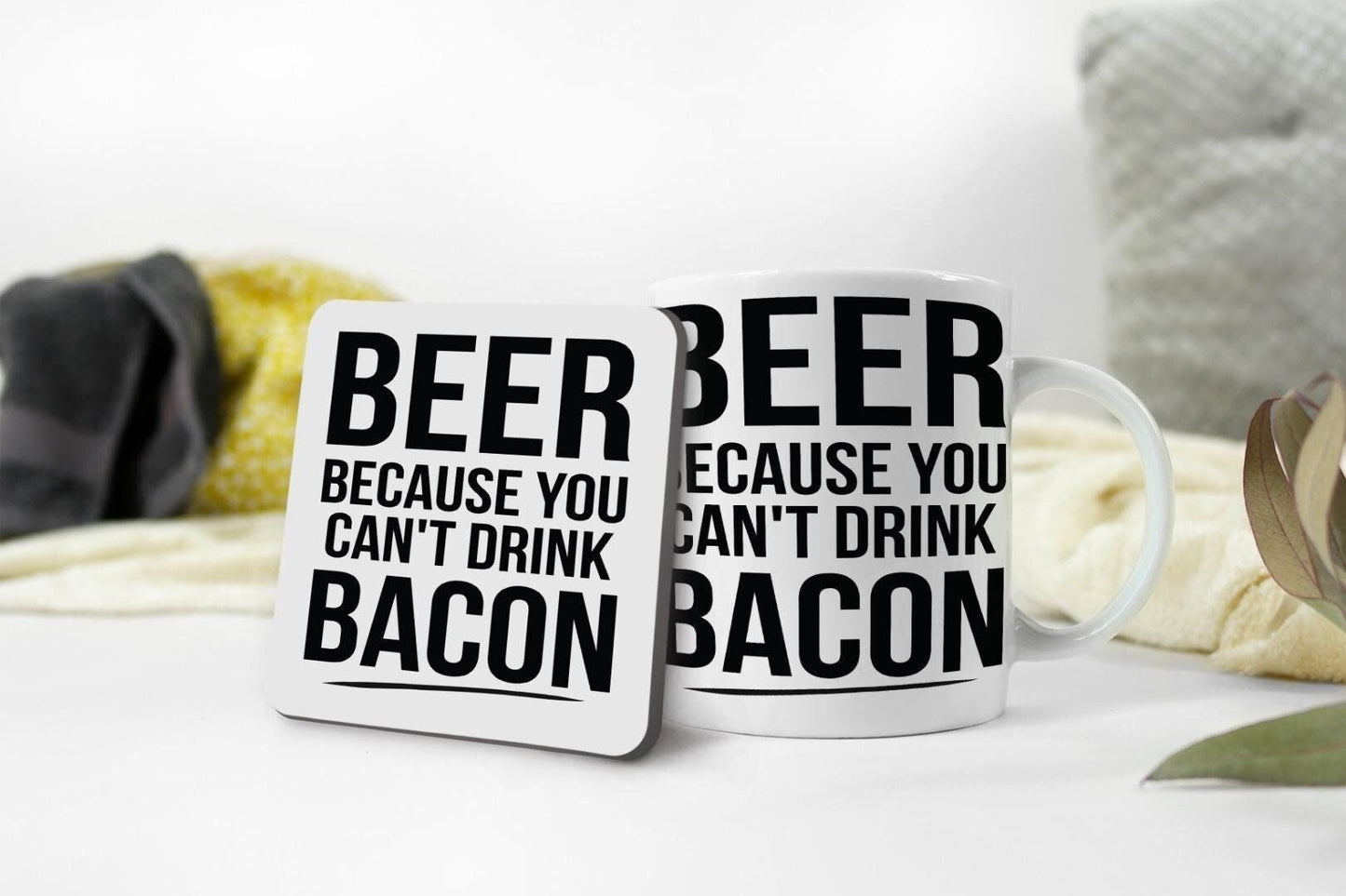 Beer Mug & Coaster Set Because You Cant Drink Bacon Funny Birthday Coffee Gift