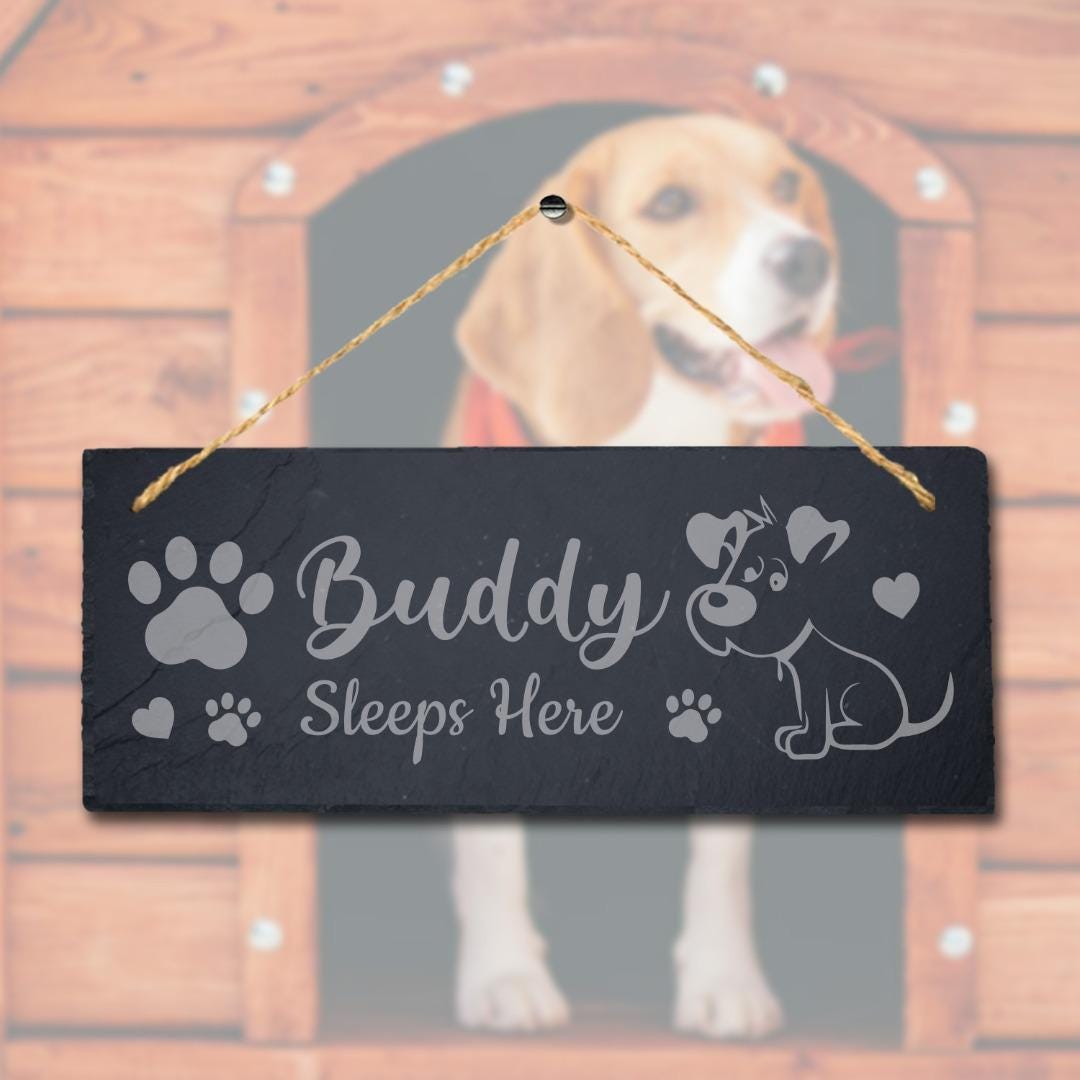Buddy Sleeps Here Engraved Hanging Slate Dog Kennels Puppy Funny Gift Home Sign