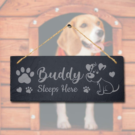Buddy Sleeps Here Engraved Hanging Slate Dog Kennels Puppy Funny Gift Home Sign
