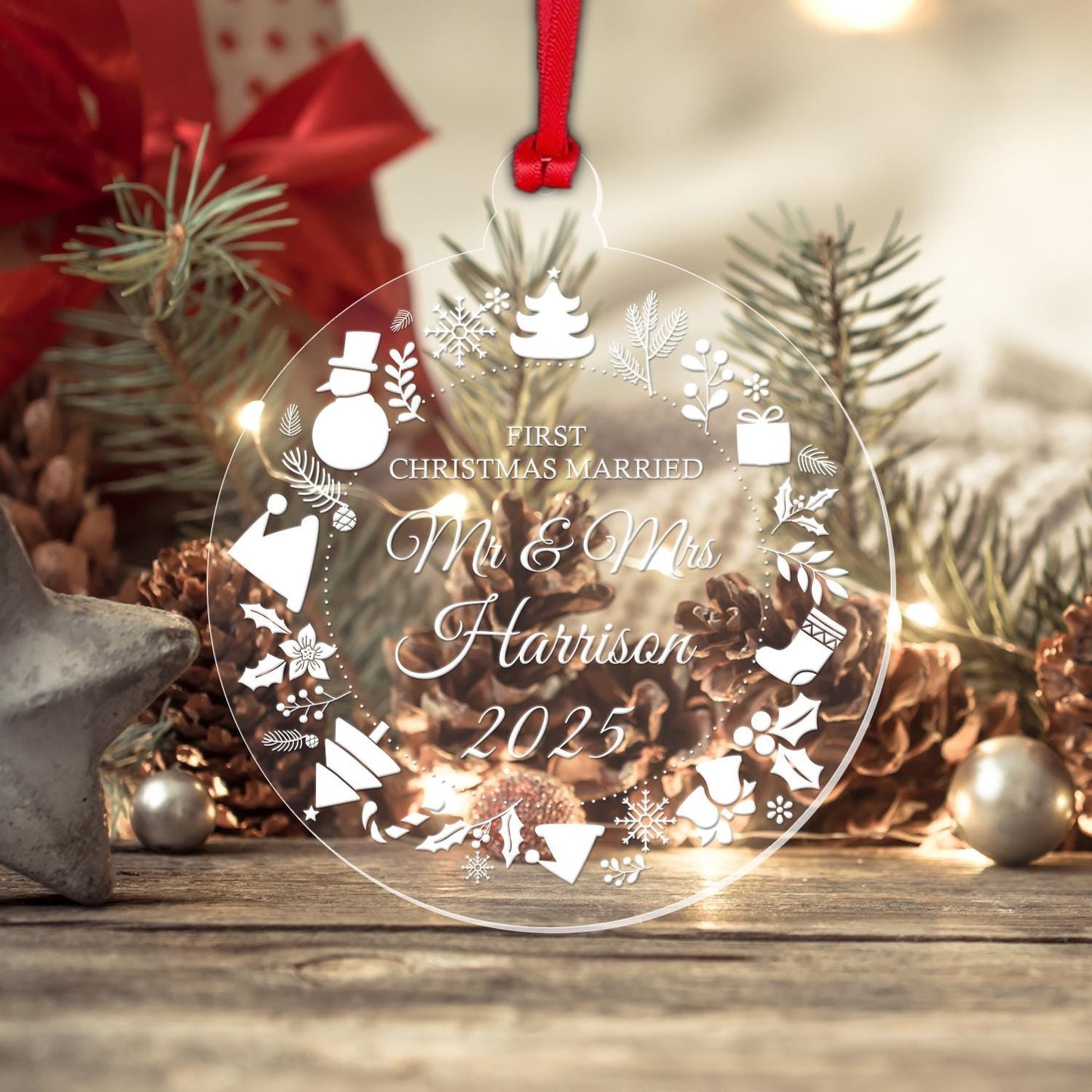Personalized First Christmas Married Ornament: Acrylic Keepsake Gift