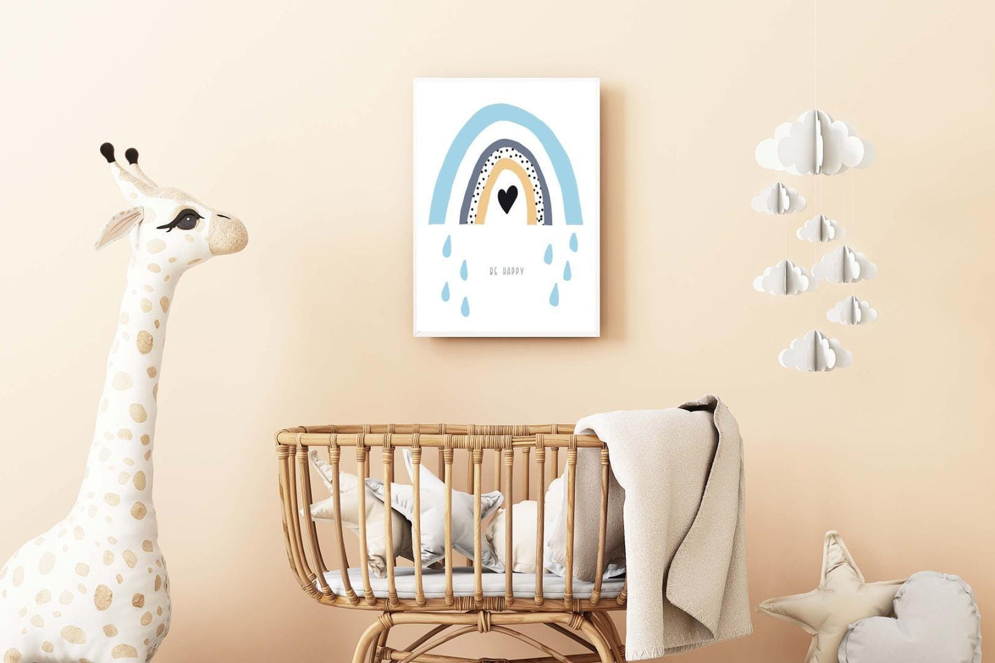 Rain Drops Boy Boho Watercolour Hand Painted Effect Rainbow Nursery Art Poster