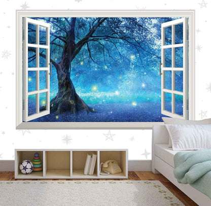Blue Fairy Tree Wall Decal: 3D Window View, Forest Mural