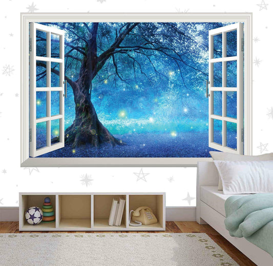 Blue Fairy Tree Wall Decal: 3D Window View, Forest Mural