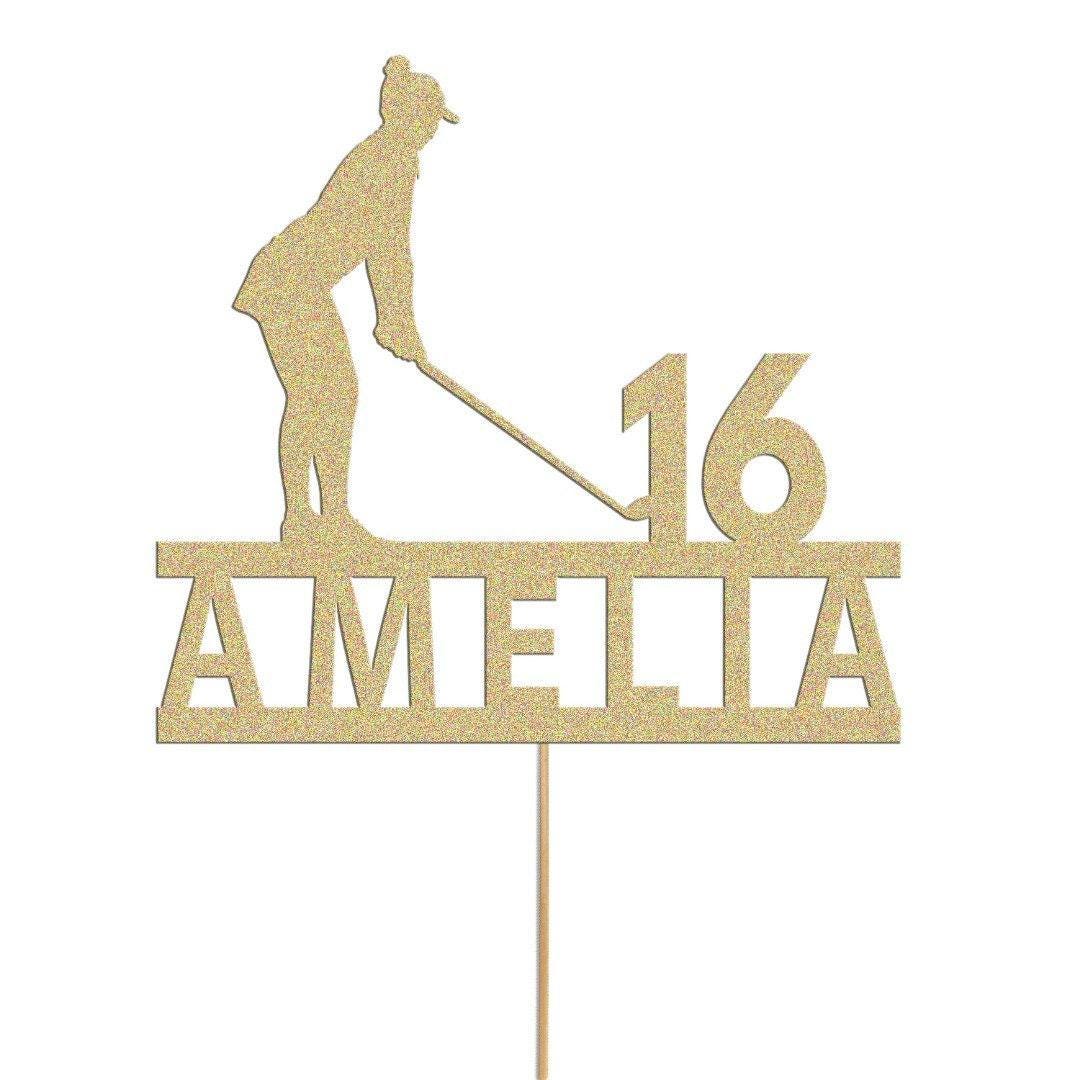 Personalised Glitter Woman Golfer Cake Topper: Any Name & Age