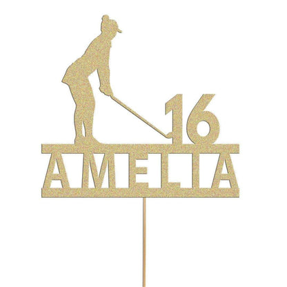 Personalised Glitter Woman Golfer Cake Topper: Any Name & Age
