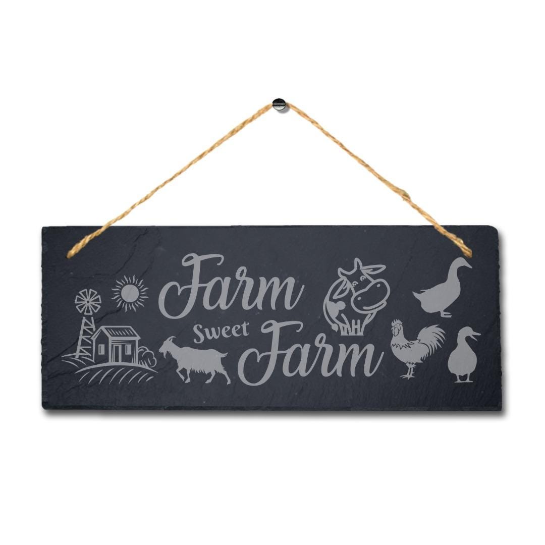 Farm Sweet Farm Laser Engraved Hanging Slate Farmhouse Decor Plaque Sign