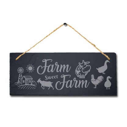 Farm Sweet Farm Laser Engraved Hanging Slate Farmhouse Decor Plaque Sign