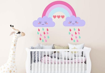 Colourful Rainbow Rain Drops Cloud Face Wall Mural Stickers Nursery Children Bedroom Set