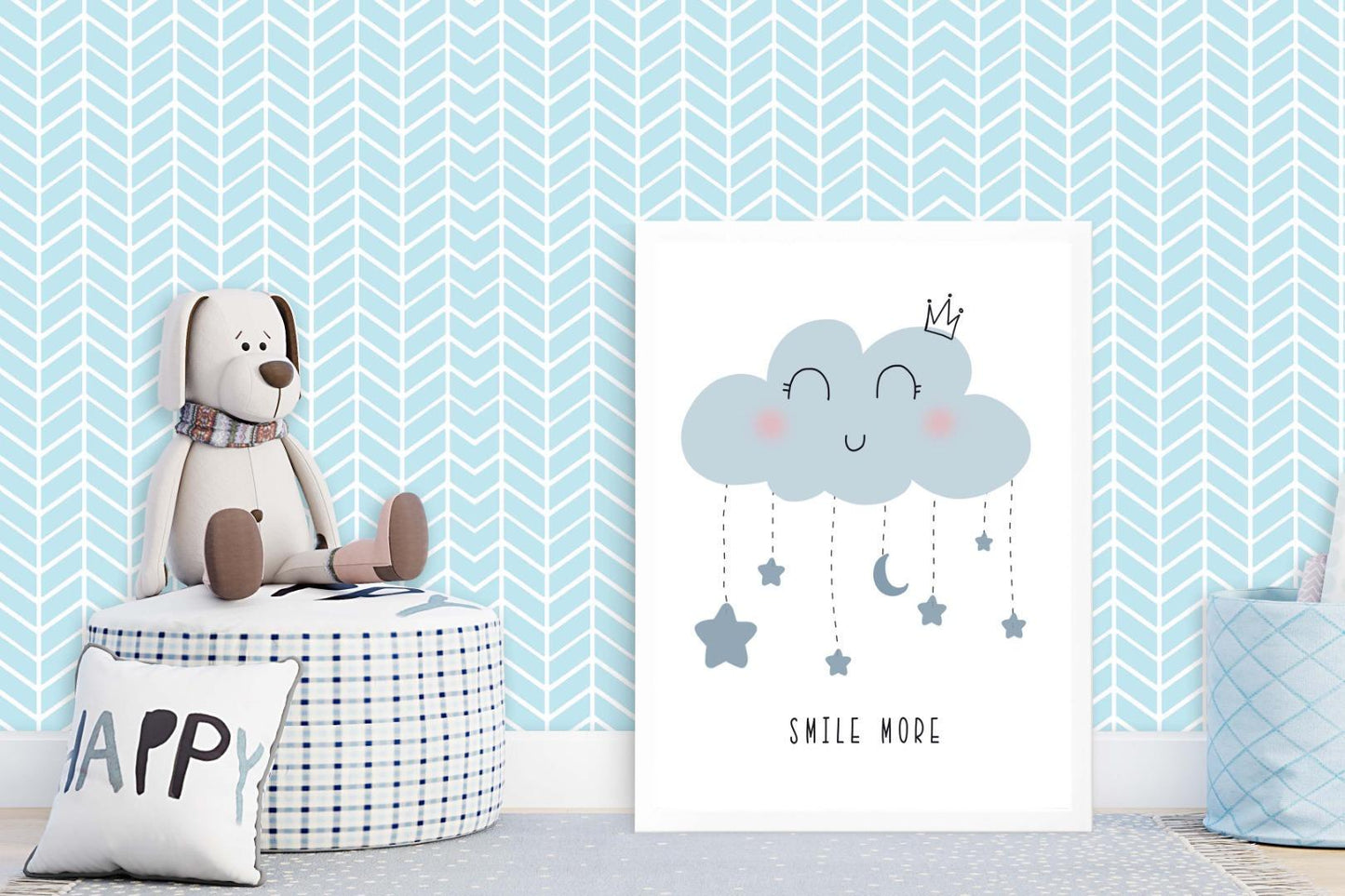 Smile Clouds Girls Boho Watercolour Hand Painted Effect Nursery Wall Art Poster