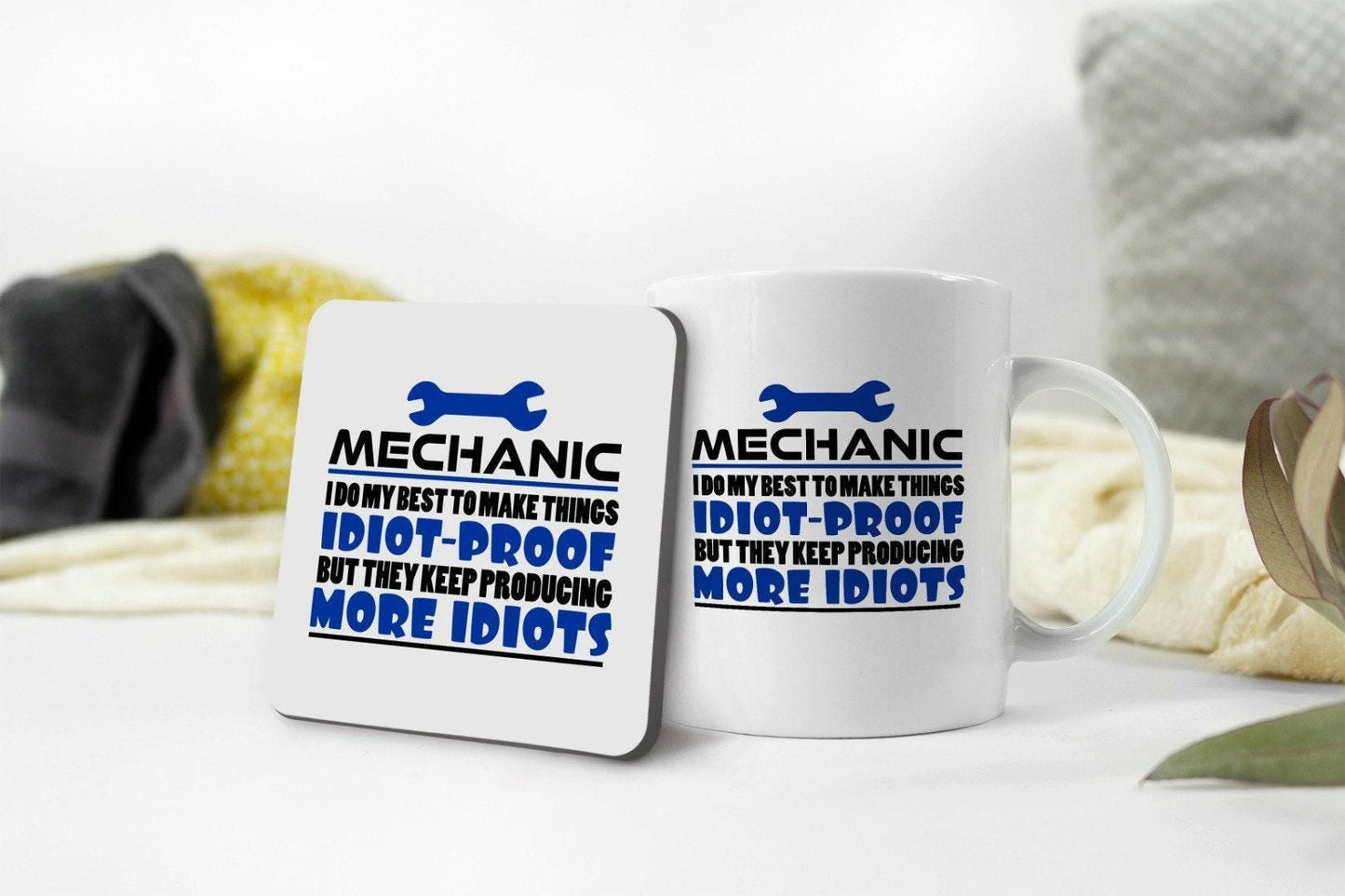 Funny Mechanic Mug & Coaster Set: Novelty Coffee Tea Cup Gift