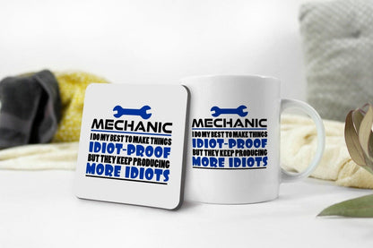 Funny Mechanic Mug & Coaster Set: Novelty Coffee Tea Cup Gift