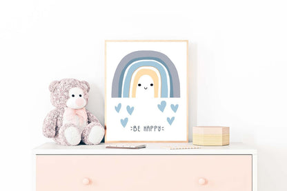 Be Happy Boy Boho Watercolour Hand Painted Effect Rainbow Nursery Wall Poster