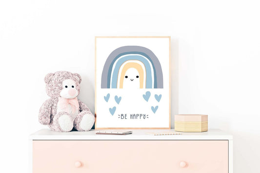 Be Happy Boy Boho Watercolour Hand Painted Effect Rainbow Nursery Wall Poster