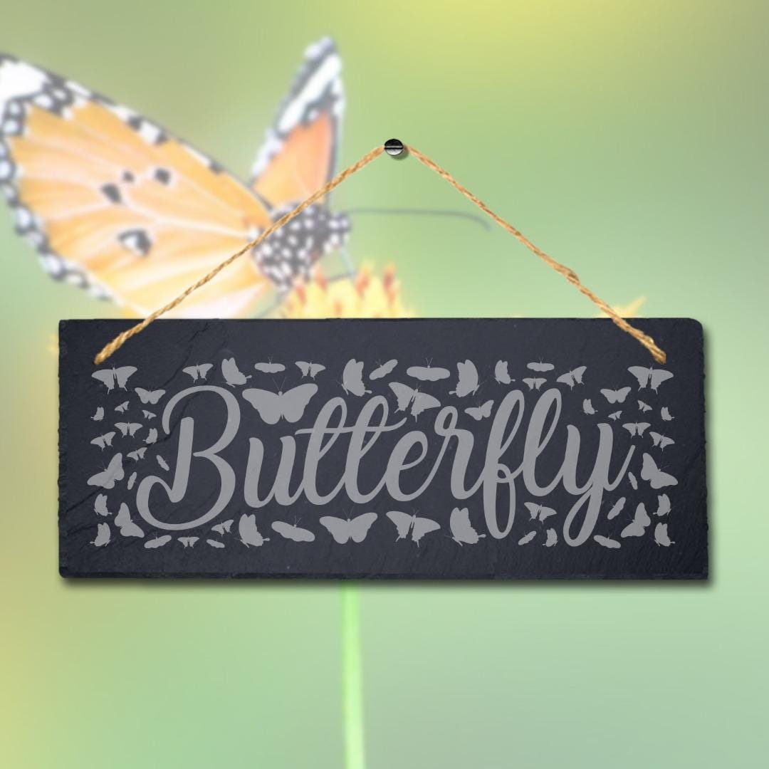 Butterfly Laser Engraved Hanging Slate Garden Home Decor Plaque Sign