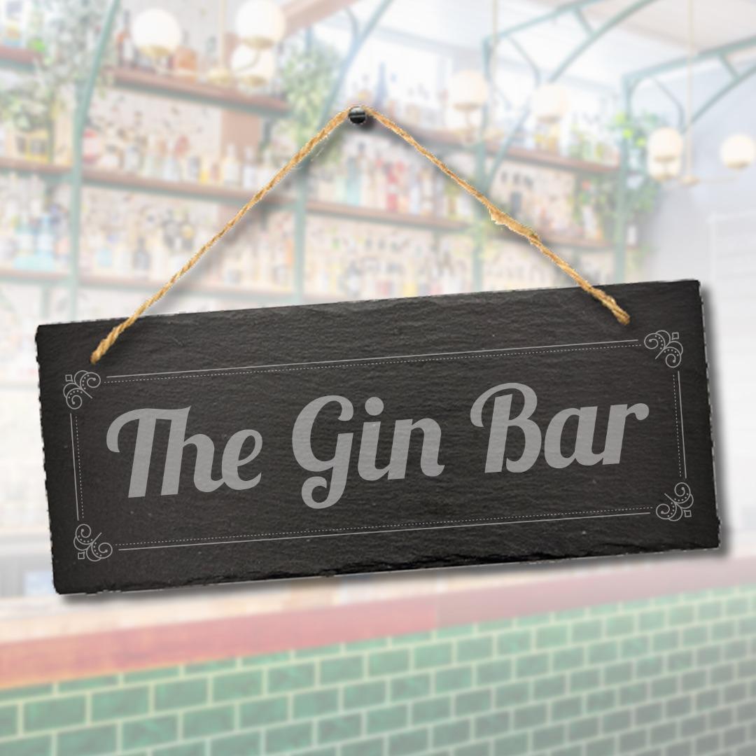 The Gin Bar Engraved Hanging Slate Drinking Gift Home Club Outdoor Plaque Sign
