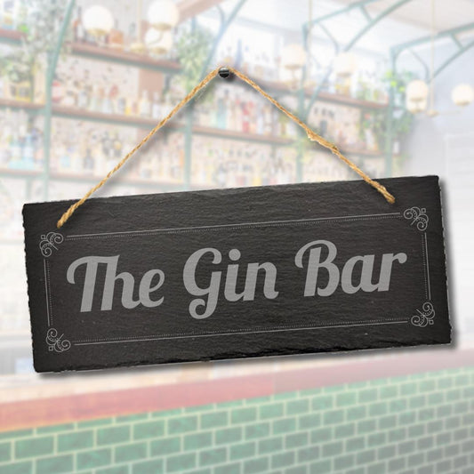 The Gin Bar Engraved Hanging Slate Drinking Gift Home Club Outdoor Plaque Sign