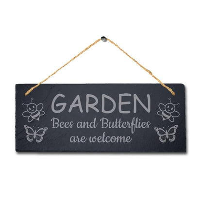 Garden Bees And Butterflies Welcome Engraved Hanging Slate Garden Plaque Sign