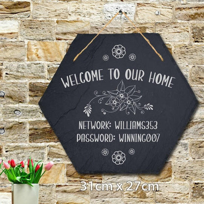 Welcome To Our Home Wifi Password Internet Personalised Hanging Slate Sign