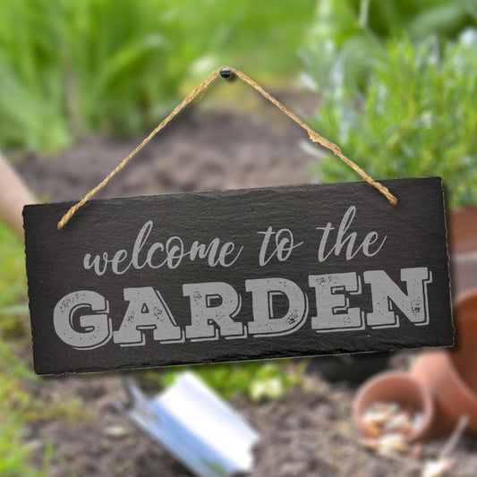 Welcome To The Garden Engraved Hanging Stone Slate Plaque Patio Sign Outdoor Decor