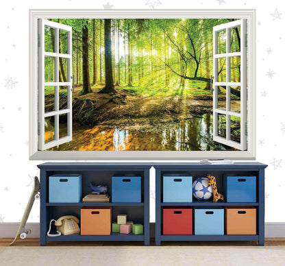 3D Forest Window View Wall Decal: Green Tree Sunset Mural