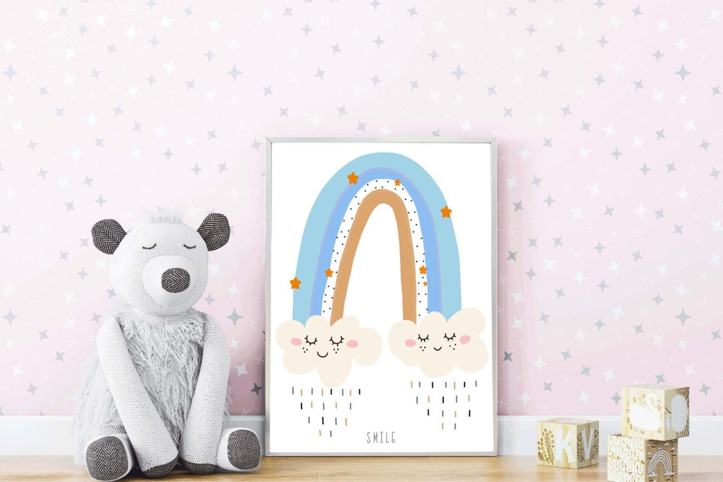 Smile Boy Boho Watercolour Hand Painted Effect Rainbow Nursery Wall Art Poster