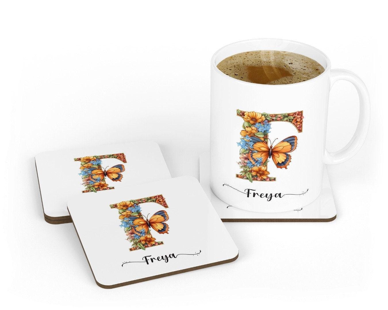 Personalised Floral Initial Mug & Coaster Set: Monogram Tea Cup Gift