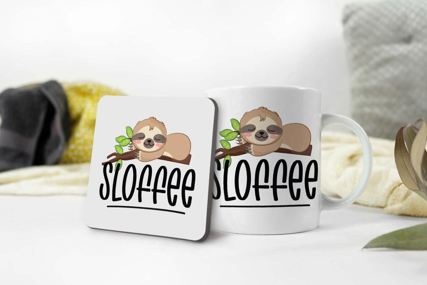 Sloth Coffee Mug and Coaster Set: Funny 'Sloffee' Tea Cup Gift