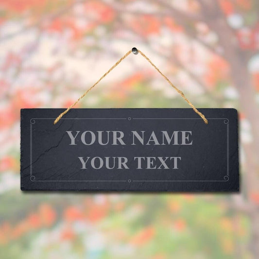 Personalised Name Text Single Border Laser Engraved Hanging Slate Party Plaque Sign