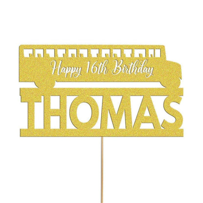 Personalised Glitter Bus Cake Topper: Custom Name & Age