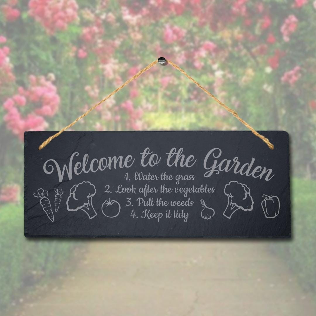 Welcome To Garden Water Grass Engraved Hanging Slate Flower Garden Plaque Sign