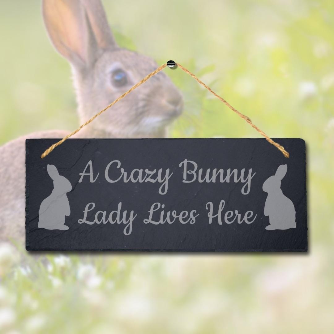 A Crazy Bunny Lady Lives Here Laser Engraved Hanging Slate Rabbit Plaque Sign