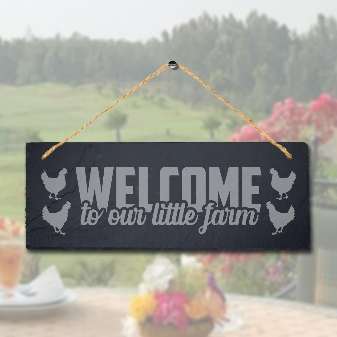 Welcome Hanging Slate Sign Engraved Plaque Our Little Farm Home Farmhouse Gift
