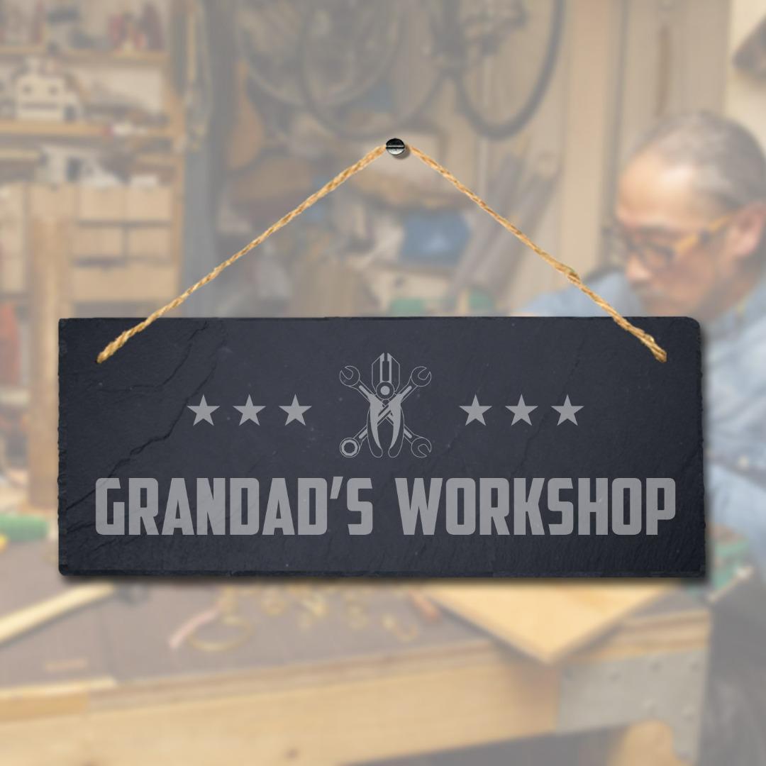 Grandads Workshop Laser Engraved Hanging Slate Shed Workshop Plaque Sign