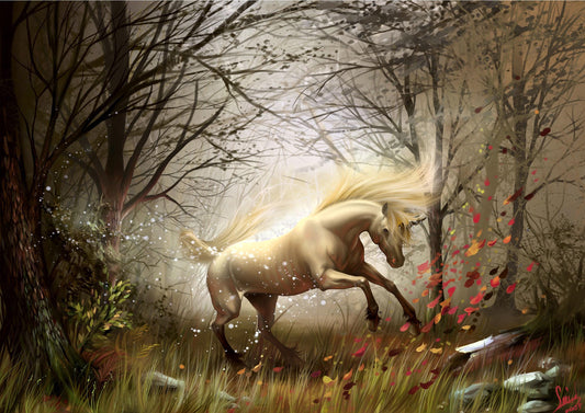 White Unicorn Fantasy Woods Autumn Giant Poster - A5 A4 A3 A2 A1 A0 Sizes