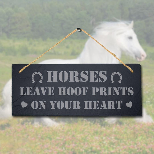 Horses Leave Hoof Print Laser Engraved Hanging Slate Shed Pet Animal Plaque Sign