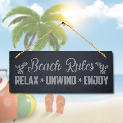 Beach Rules Relax Unwind Enjoy Engraved Hanging Slate Ocean Beach Plaque Sign