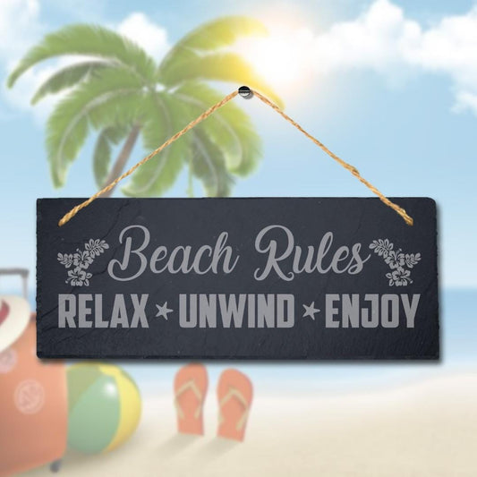 Beach Rules Relax Unwind Enjoy Engraved Hanging Slate Ocean Beach Plaque Sign